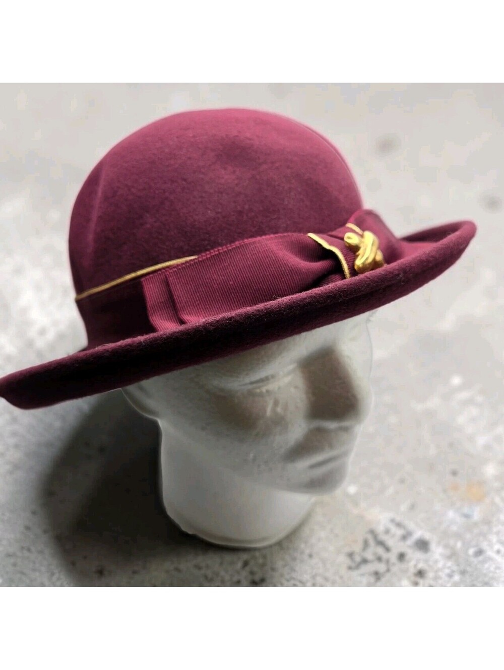 Vintage Michael Howard Burgundy Wool Felt Bowler Hat Derby Bow Ribbon Trim USA